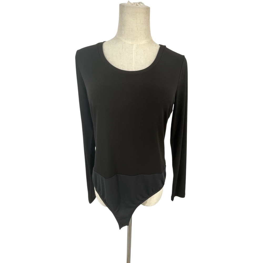 Susan Graver Every Day Black Long Sleeve Bodysuit Scoop Neck Dark Academia Sz M